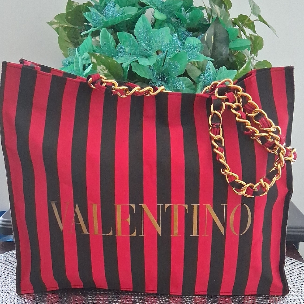 Valentino Red and Black Striped Tote NWOT